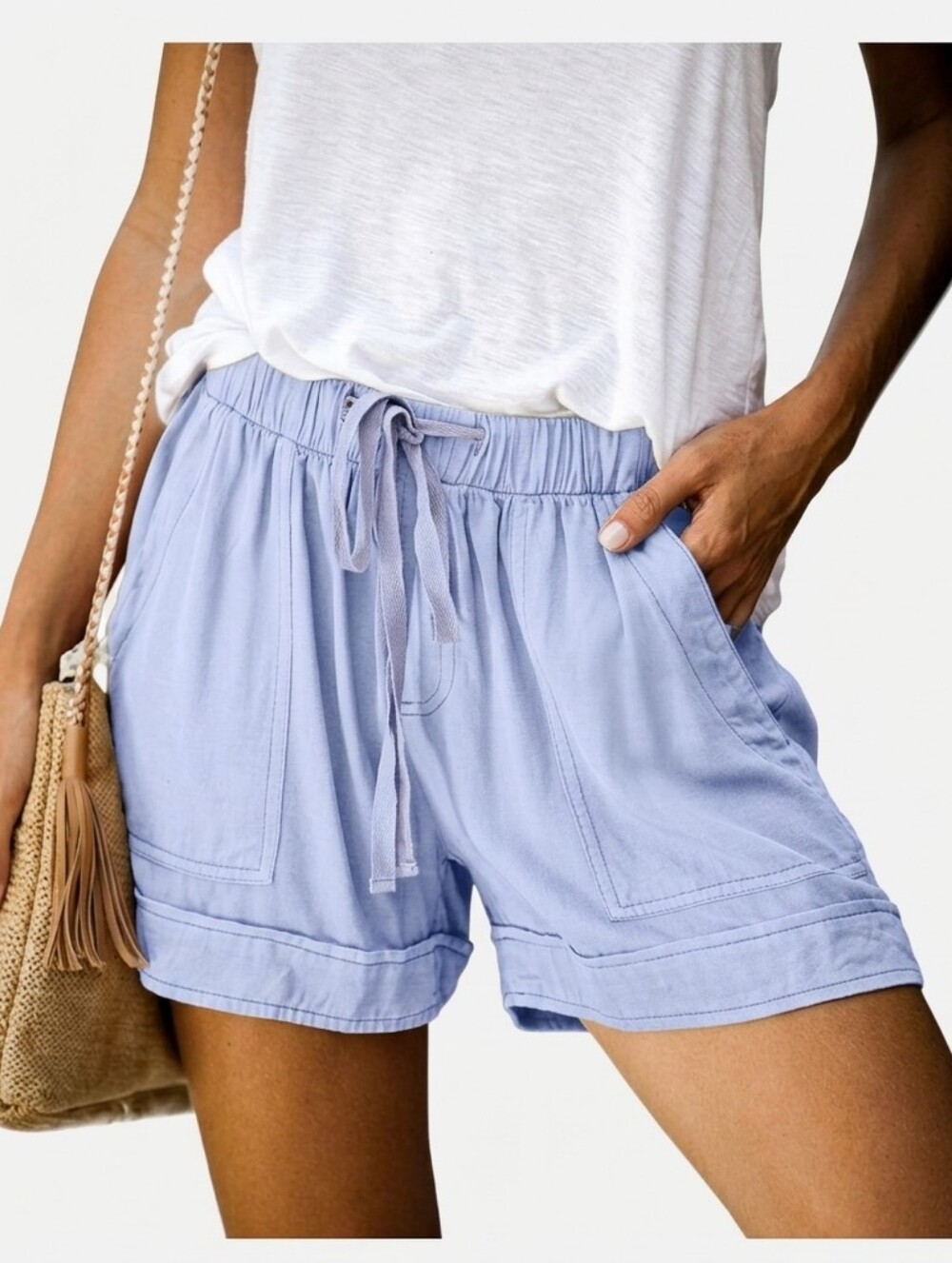 ​YOCUR Cotton Linen Blend High Waisted Drawstring Casual Shorts Pastel Blue EUC